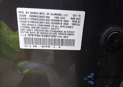 2016 Honda Pilot Ex-L from USA, damaged, VIN 5FNYF6H7XGB073992